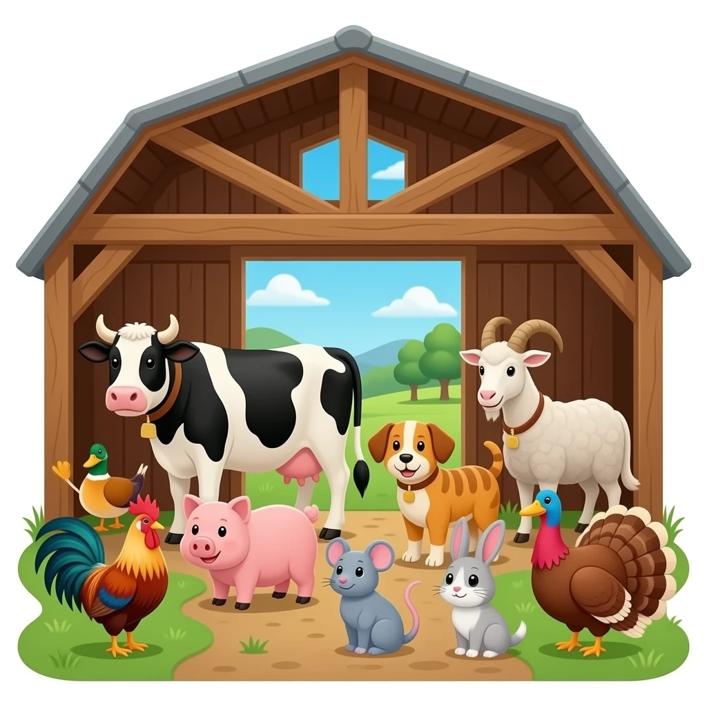 Farm animals inside the barn: Cow, pig, rooster, dog, duck, cat, chicken, sheep, goat, mouse, rabbit, and a turkey emoji