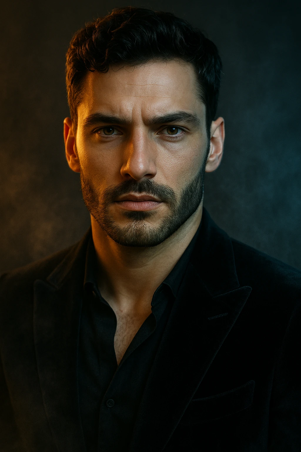 Usa questa immagine come riferimento per creare un ritratto iperrealistico e ravvicinato di un carismatico nodello maschile, ambientato in un contesto editoriale suggestivo. I volto è illuminato da fasci di luce ambrata e blU ghiaccio che contrastano tra loro, esaltando la simmetria marcata della mascella, la sottile barba incolta e uno sguardo penetrante e sicuro. I| modello indossa una giacca sartoriale scura in morbido velluto, leggermente sbottonata sul colletto. Lo sfondo sfuma in un profondo gradiente antracite con una delicata foschia cinematografica e sottili bagliori di luce. Un lieve velo di nebbia avvolge la sua silhouette, accentuando un'atmosfera sofisticata e misteriosa. L'effetto complessivo evoca un'eleganza di alta moda con un tocco moderno e malinconico, ideale per una campagna pubblicitaria di lusso o per la copertina di una prestigiosa rivista. emoji