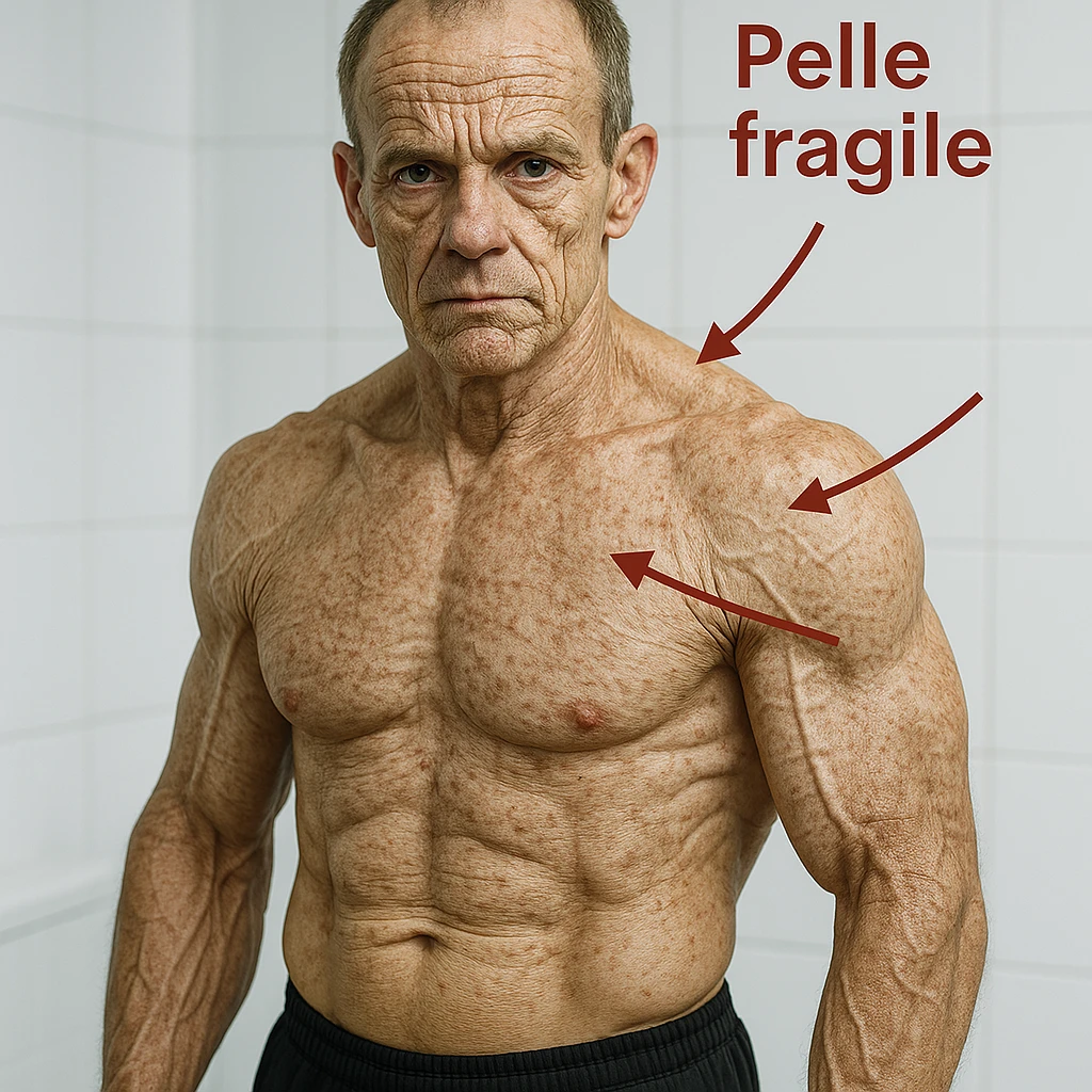 hyper realistic 25 year old bodybuilder with low collagen, aged appearance, defined muscles, skin with wrinkles and spots, red arrows and text 'Pelle fragile', clinical atmosphere, white background emoji