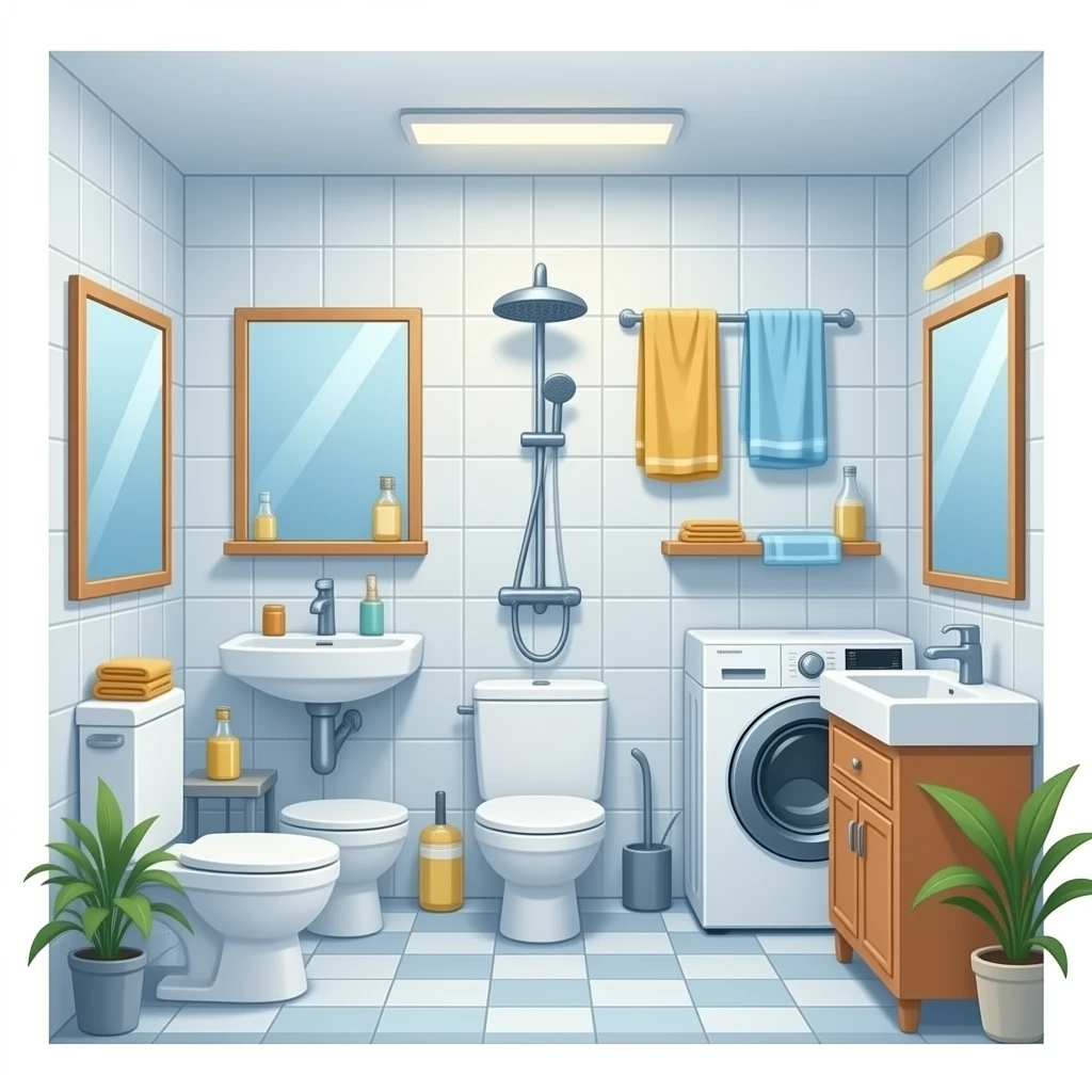 bathroom with 3 toilets, 2 showers, 1 washing machine, 2 sinks, many towels, 4 mirrors emoji