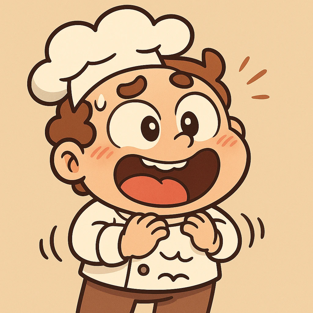 Make the chef look even hungrier with an exaggerated facial expression and a rumbling stomach, keeping a playful vibe and a simple background, cartoon style. emoji