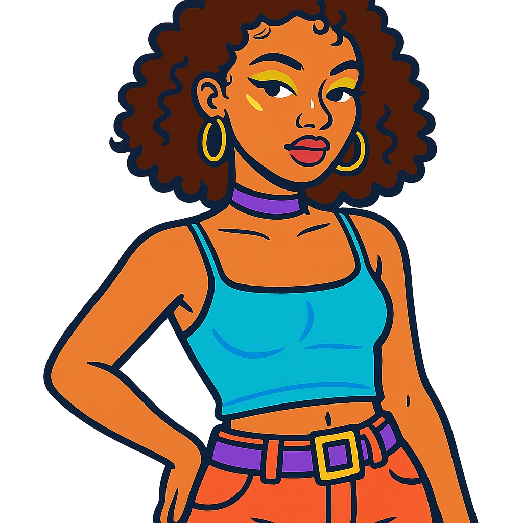 curly-haired woman with light brown skin, baby hairs, simple makeup with highlighter on eyes, cheekbone, and nose, Y2K fashion emoji