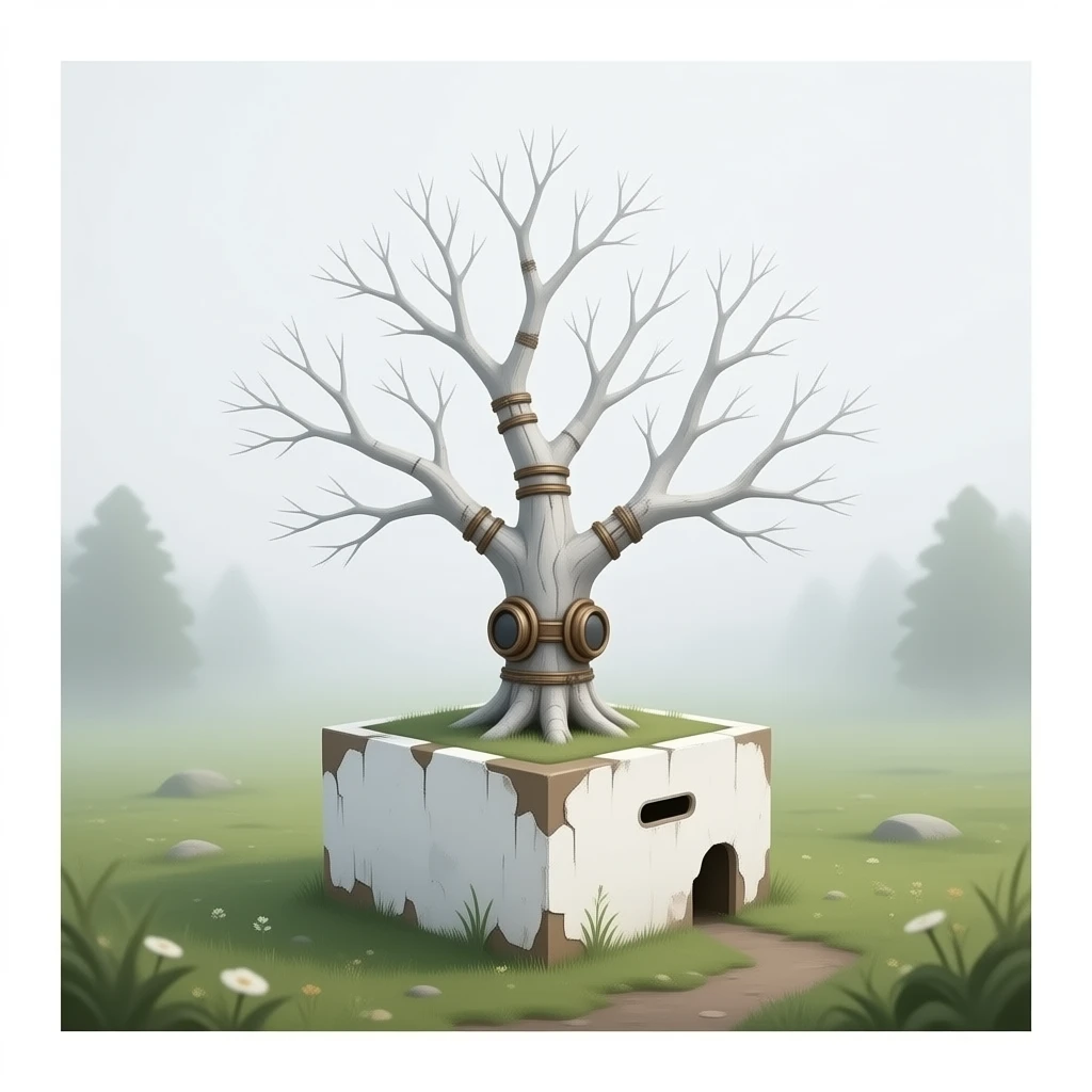 steampunk - white bare old tree grows from a dilapidated white box emoji