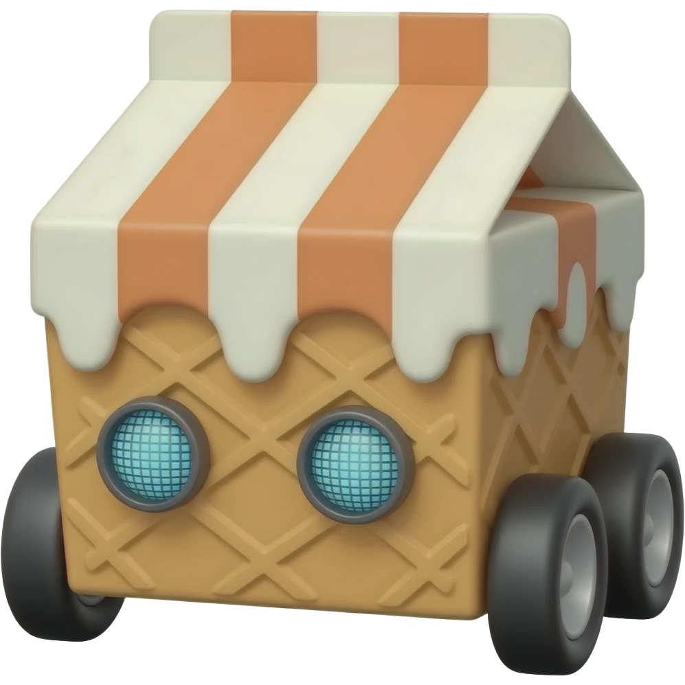 Ice cream box with medium wheels with robot eyes on the front emoji