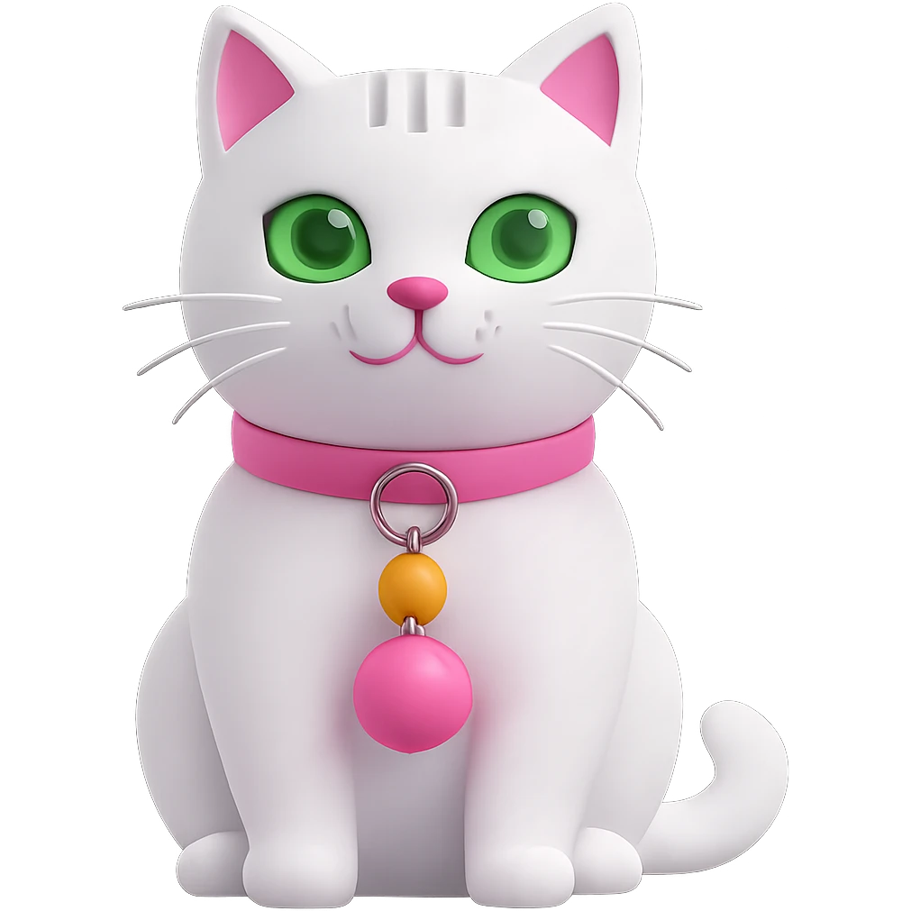 Edit the image of a white cat with a pink collar and a yellow bell on the collar. Change the cat's eyes to green. Remove the background so it is transparent. Maintain the style and details of the original image. emoji