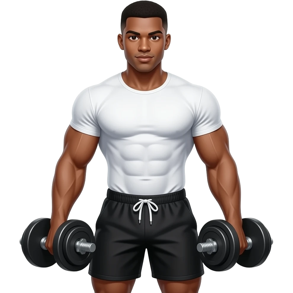 make a 20 year old man black skinned in a white really tight shirt where you can see his abs through his shirt and black shorts lifting 100 pound waits with sooo much muscle emoji