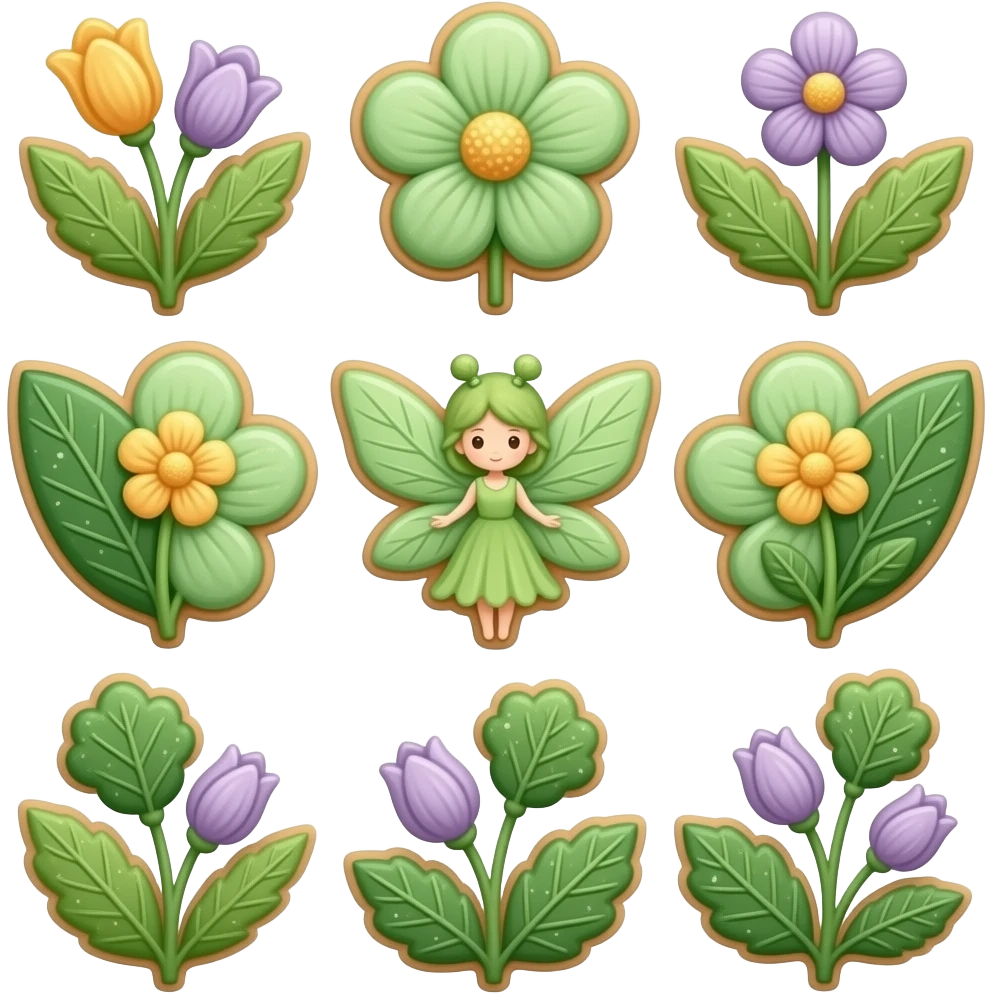 Elegant forest fairy cookies, delicate floral shapes, botanical icing, enchanted tea-time style, emerald green, amber, subtle violet accents. emoji