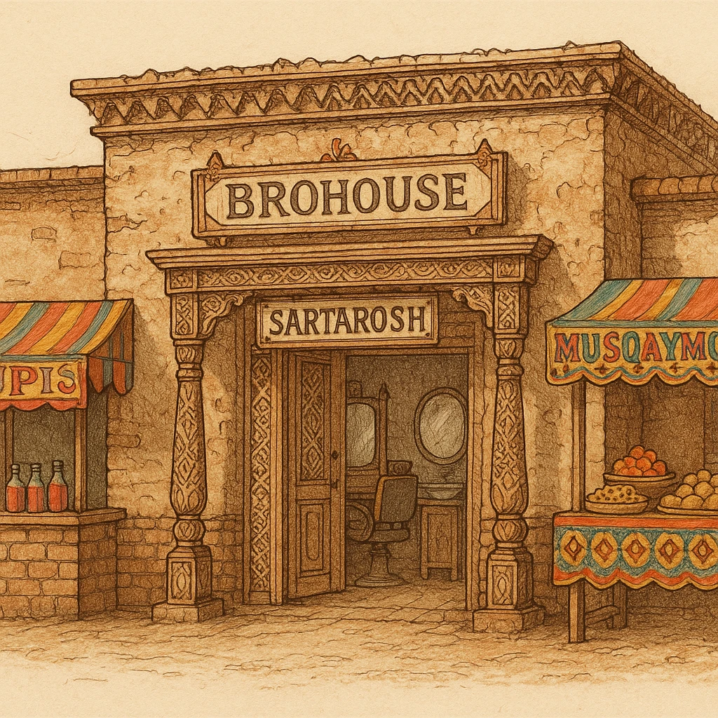 brohouse sartarosh xonasini chizib ber tashqaridan va uning yonida yupi va musqaymoq sotadigan lavkalar bulsin emoji