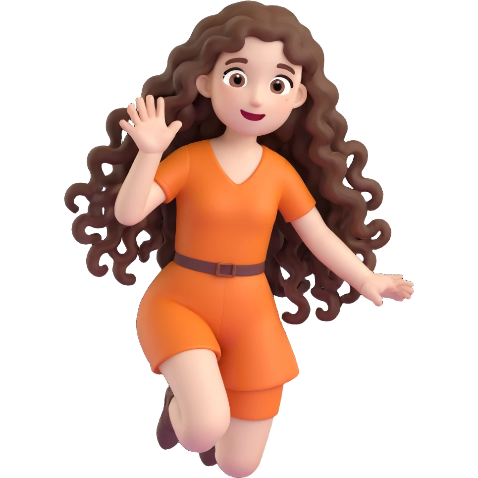 3D cartoon female character with white skin tone, long naturally curly brown hair, playful and expressive, Bitmoji-like style, suitable for emoji faces emoji