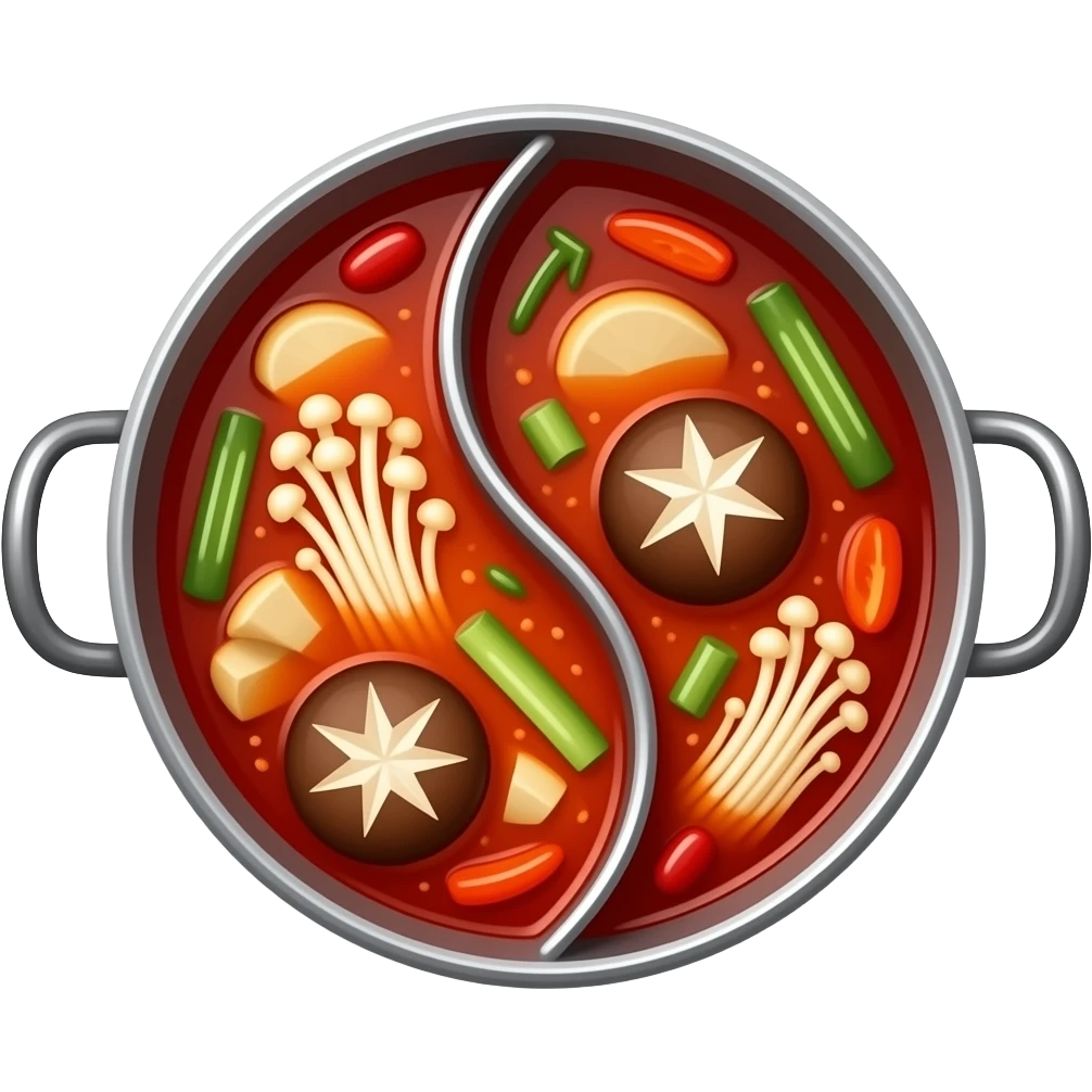 aesthetic mala hot pot, vibrant red broth, enoki mushrooms and vegetables, spicy chinese cuisine, minimal composition, top view, cinematic food photography emoji