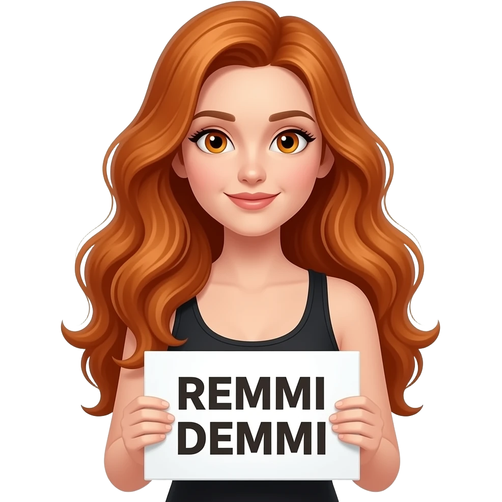 sexy girl with long wavy ginger hair and ginger eyes wearing a black tanktop is holding a white colored sign with REMMI DEMMI written on it emoji
