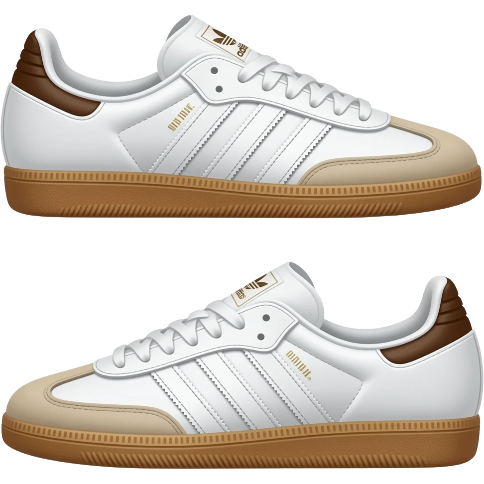 فردتين حذاء أديداس سامبا (Adidas Samba) كلاسيكي، يتميز بجلد أبيض مع الخطوط الثلاثة والكعب باللون البني، ومقدمة "سويد" بيج، ونعل مطاطي عسلي. emoji