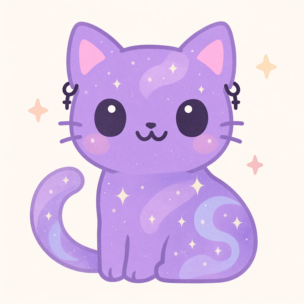 charming purple cat with galaxy swirls, gothic earrings, sparkly fur, enchanting and cute emoji