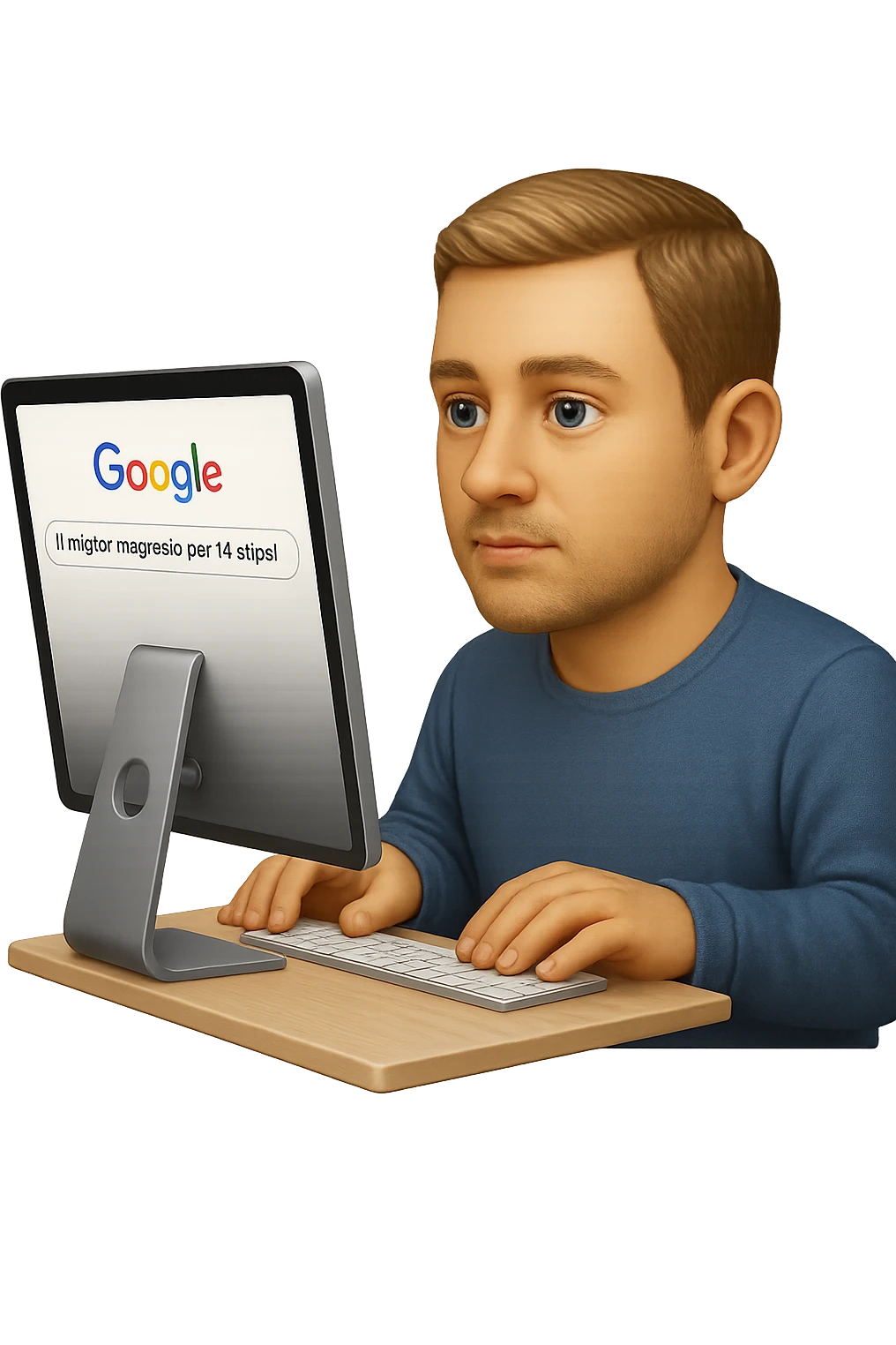 emoji stile iphone di un uomo davanti al pc che cerca di google: "Il miglior magnesio per la stipsi", iperrealistico 4k emoji