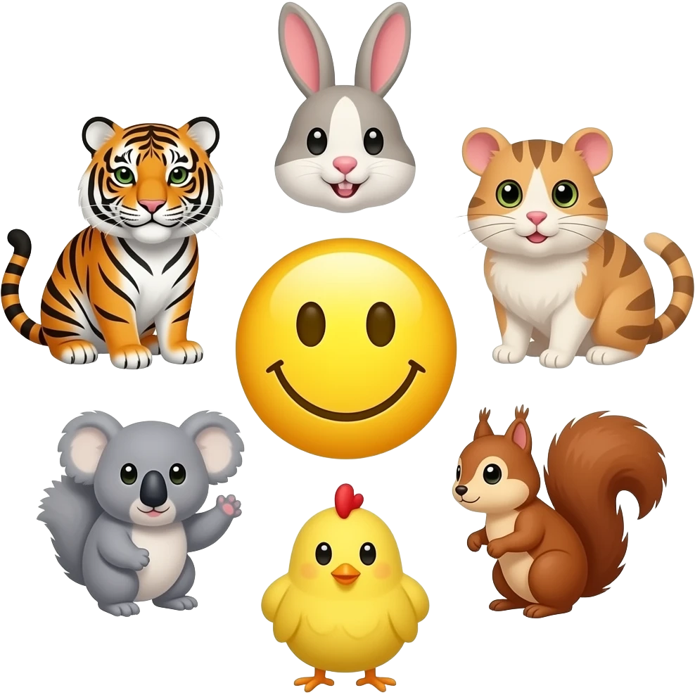 emoji yellow smiley in the center serounded in circle  🐯🐰🐹🐱🐨🐥🐿 & K-Artists emoji