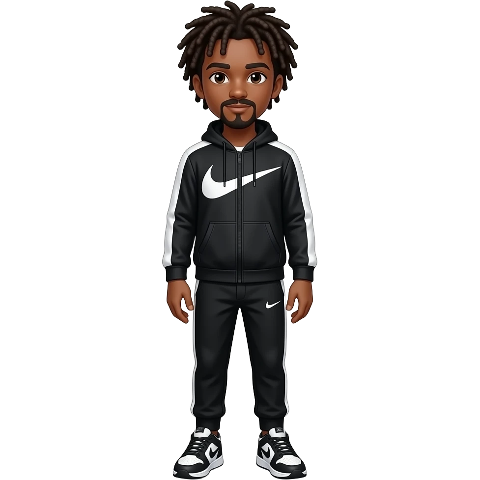 A tall black teenager boy with dreads and mustach whole body with black and white Nike techcloths and Nike shoes emoji