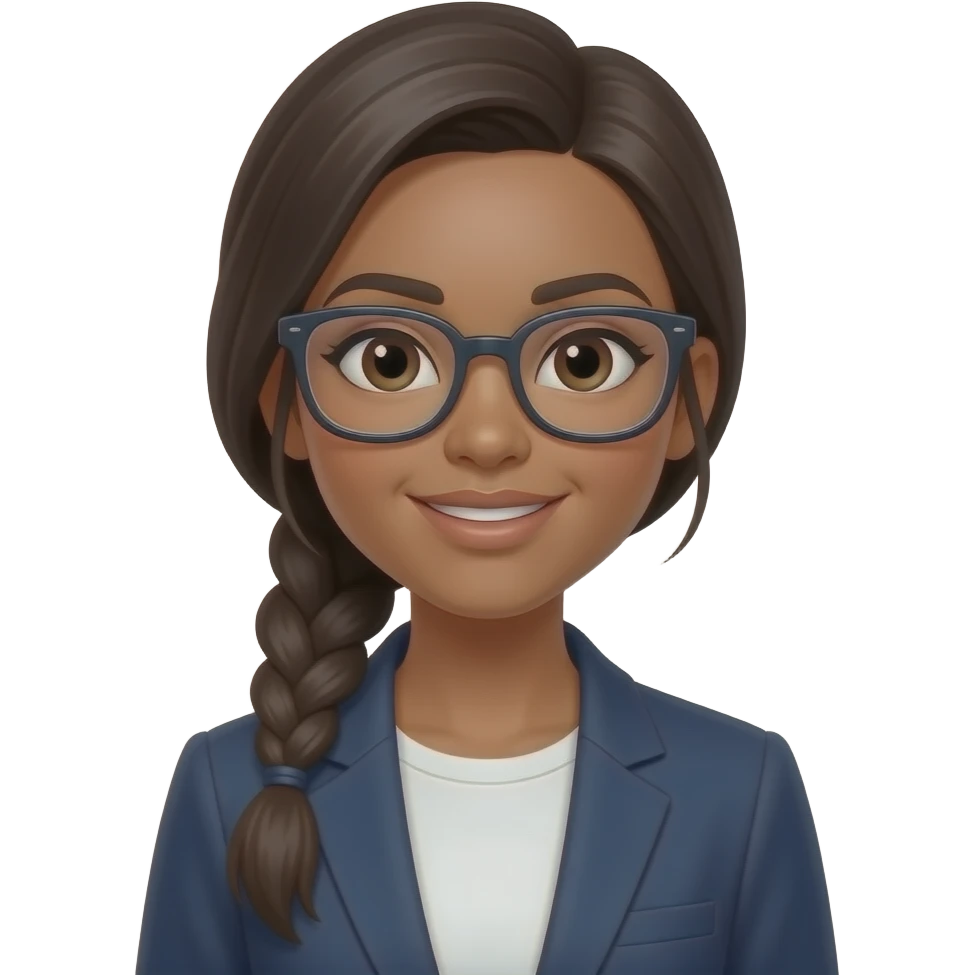 young dark brown skin tone woman with long dark hair in a braided ponytail, glasses, casual clothes, achieving future success, business growth emoji