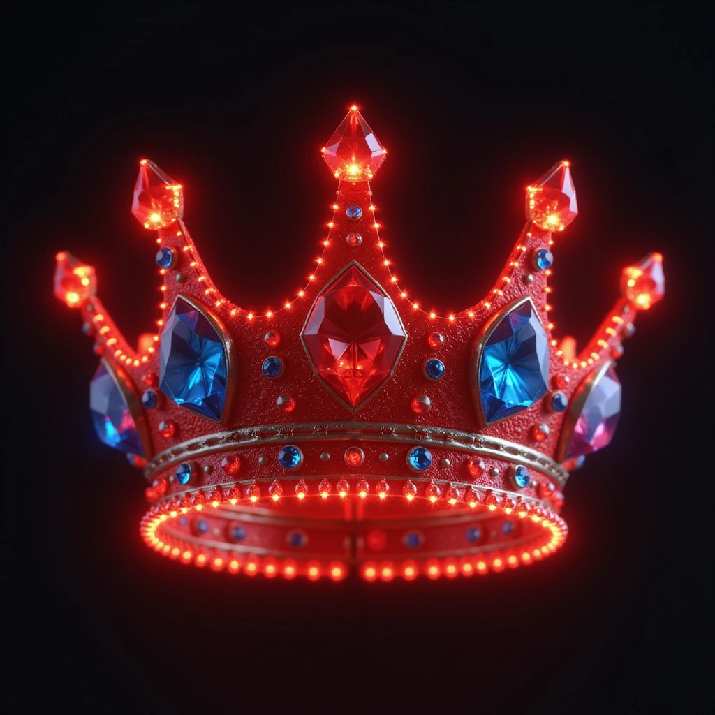 realistic glowing red crown with large red and blue gems, intense glow, photorealistic emoji