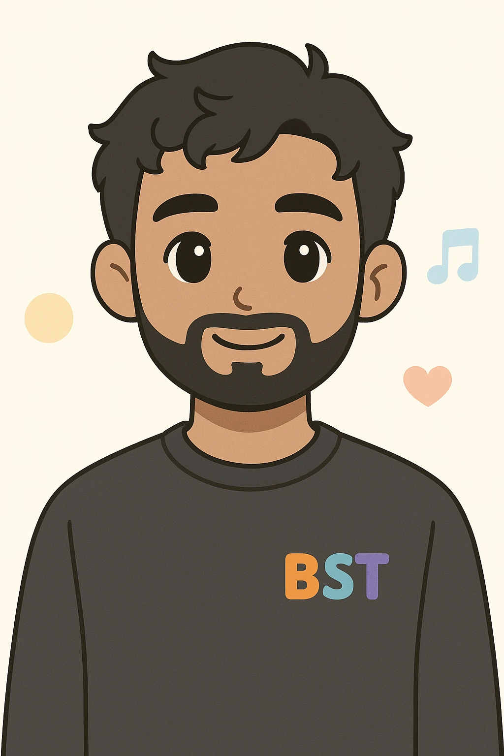 2D digital anime-style portrait of a young adult male with medium skin tone, short wavy black hair, almond-shaped black eyes, and a full beard. Wearing a plain dark grey sweatshirt with the BST logo in vibrant colors (orange, teal, purple, blue) on the left chest. Solid black background. Facing forward with a slight smile (no teeth). Soft and flat lighting, clean anime lines, smooth shading. Professional, cohesive team style. emoji