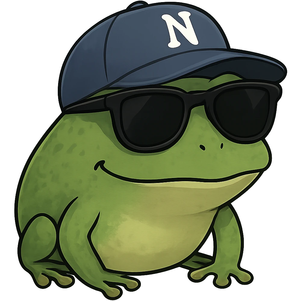 Tiny tropic frog wearing a baseball cap and sunglasses, bufo style emoji