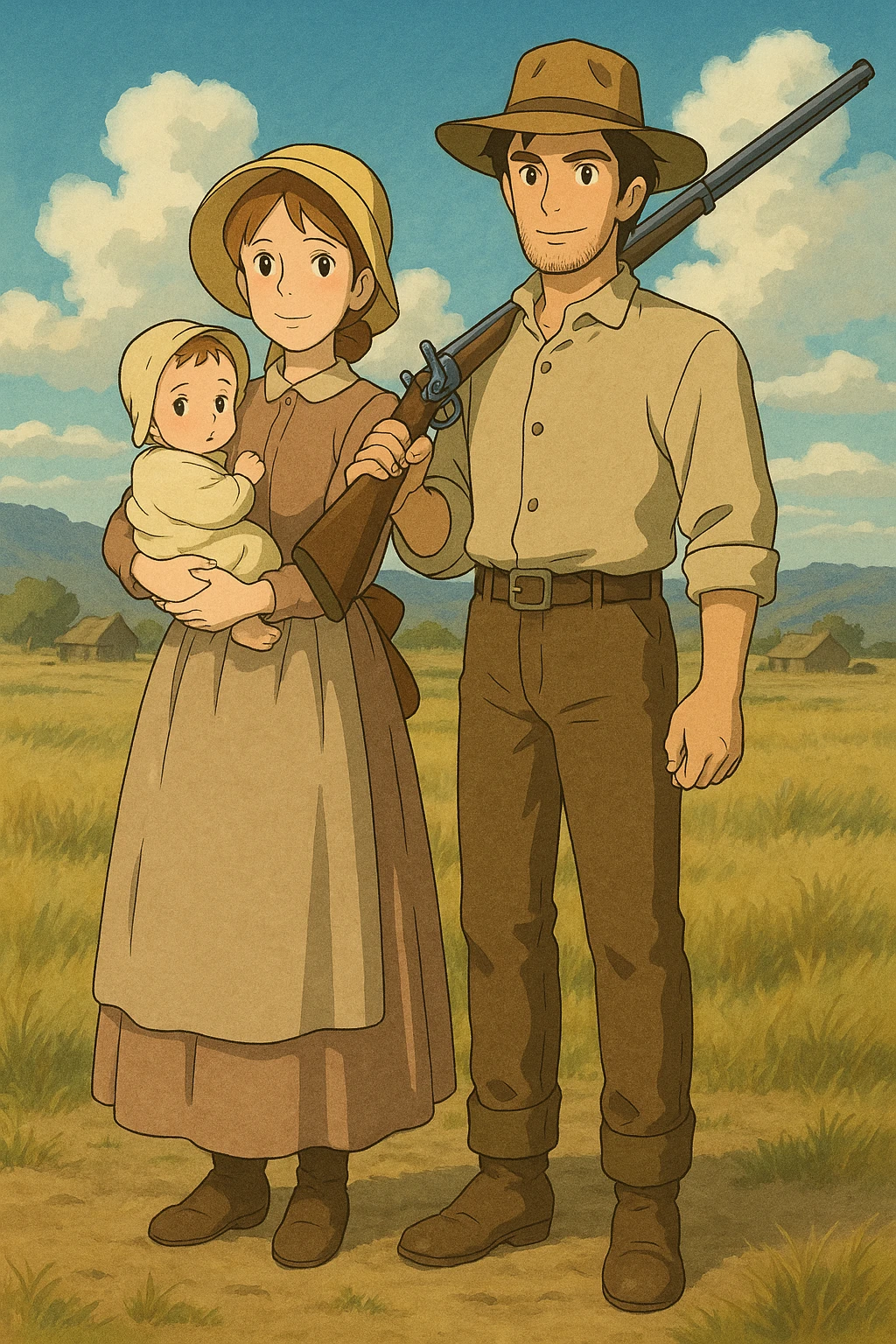 The full bodies of a young husband and wife who are pioneer settlers in the American West in the 1850s. The wife has a young child and the husband is carrying a rifle. emoji