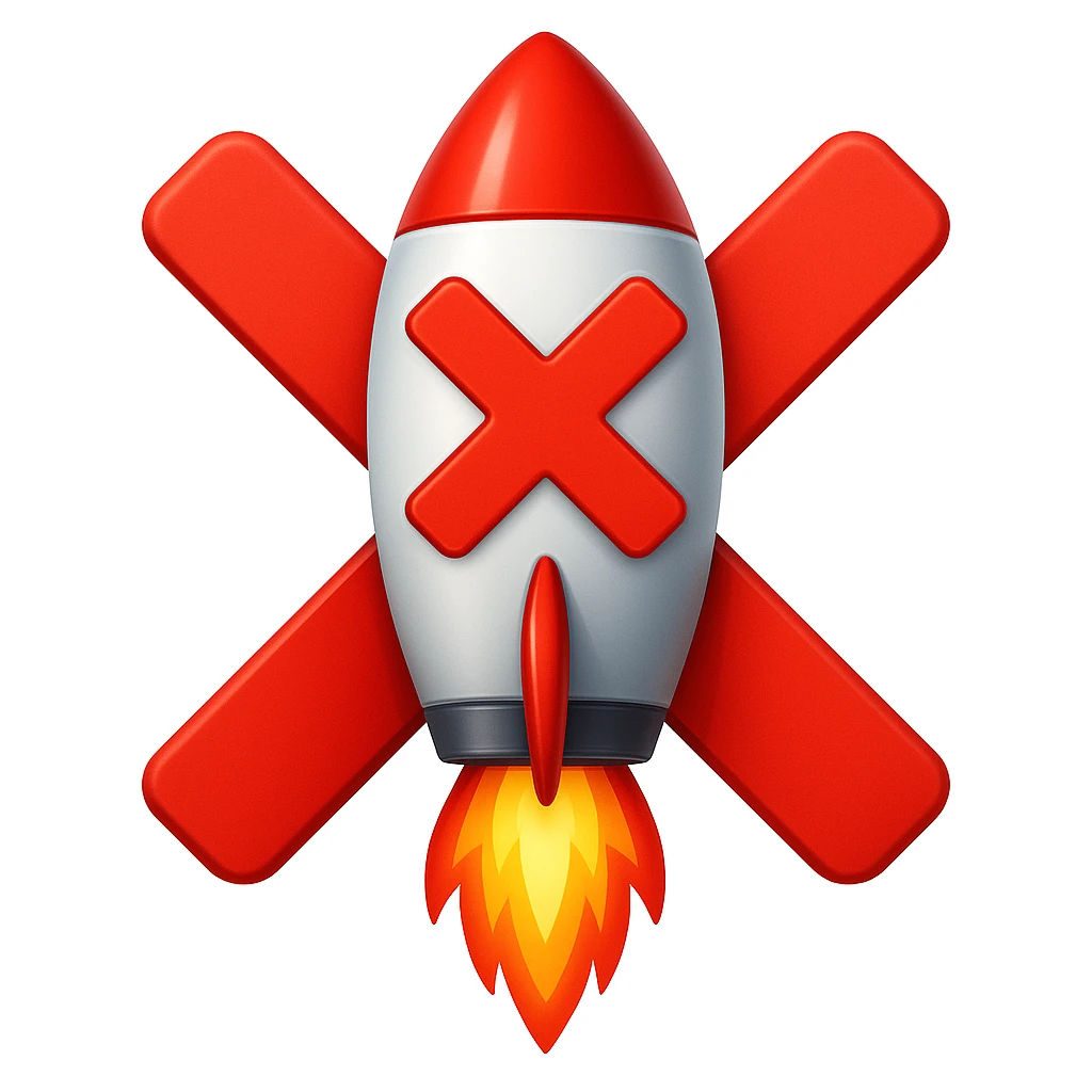 Make the X cross go from side to side, extending outside the rocket, in emoji style. The style should resemble apple style emojis with clear and concise design, focusing on the X cross extending beyond the rocket's sides. emoji