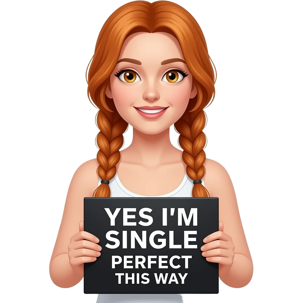sexy girl with long ginger braids and ginger eyes wearing a white tanktop is holding a black sign with YES I'M SINGLE and PERFECT THIS WAY written on it emoji