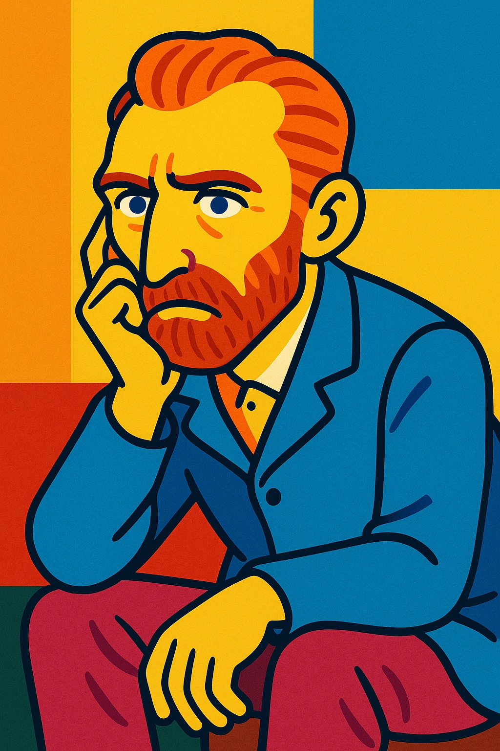 Van Gogh sitting and thinking, modern cartoon stylization, bright colors, prominent facial features emoji
