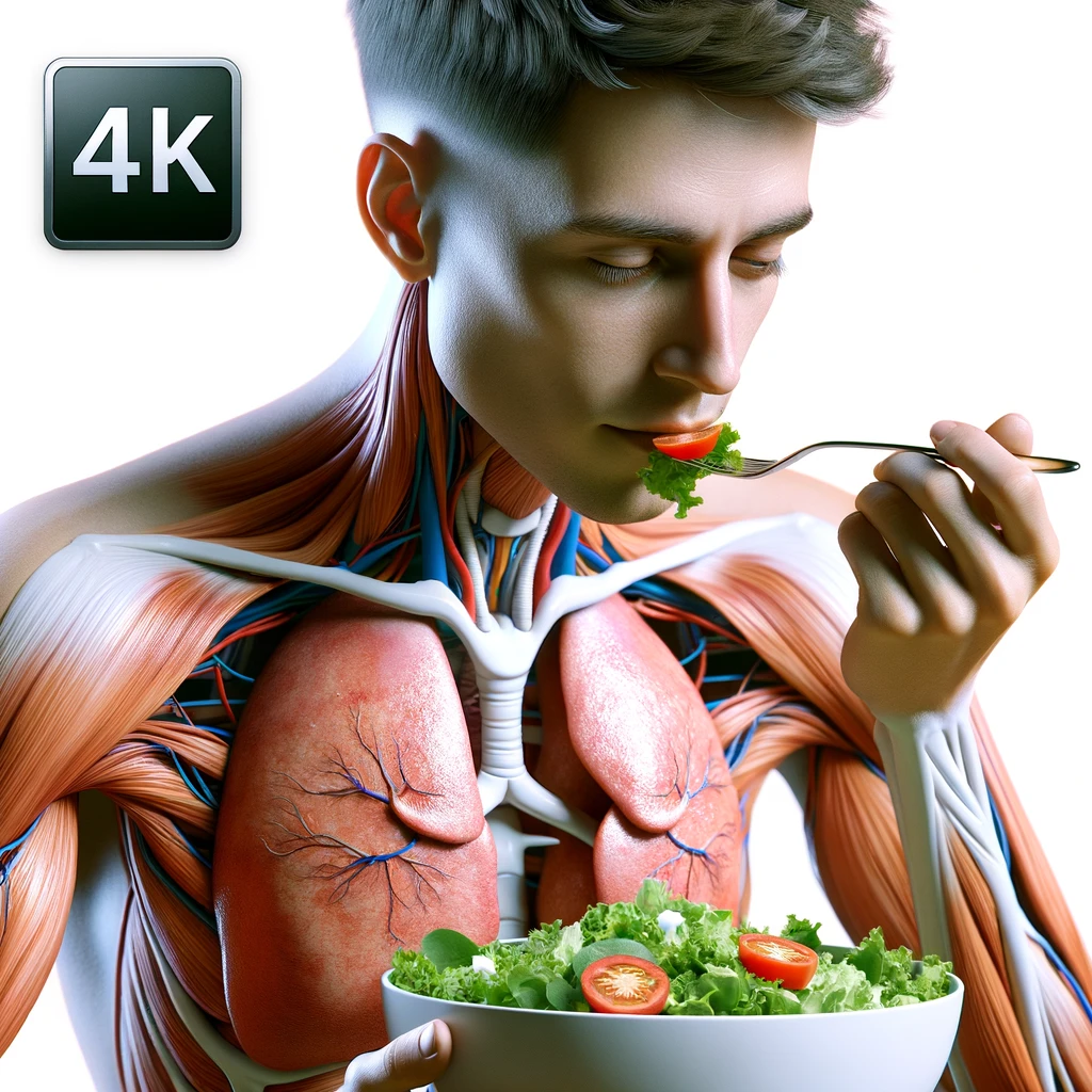 corpo umano anatomico con capelli corti che mangia un insalata con espressione serena in volto, organi sani in evidenza, iperrealistica 4k, isolato su sfondo bianco emoji