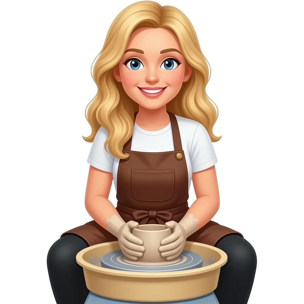 Blond long hair female, in white t-shirts, black thighs and brown apron doing pottery, happy emoji