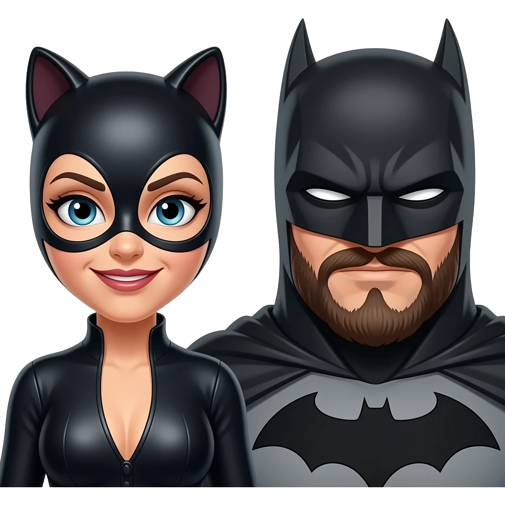 Catwomen and bearded Batman look to each other’s eyes and love each other emoji