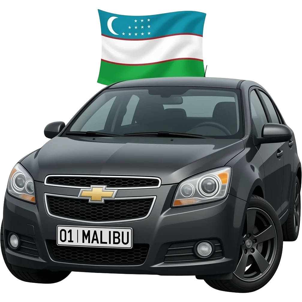 A realistic icon emoji of a metallic black sedan Chevrolet Cobalt 2012, front wheels steered to the left, dark charcoal tint windows, black alloy 5-spoke rims, Dynamic white glow LED headlights with glowing effect, uzbekistan flag, number texts "01 | MALIBU" in plate emoji