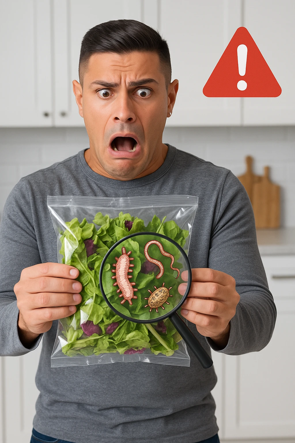 a man holds a bag of salad with both hands, his face frozen in shock as he looks at the contents. Inside the bag, exaggerated but realistic depictions of parasites and bacteria are visible, some highlighted with a magnifying glass overlay. The background is a clean kitchen, and a warning sign appears in the corner to reinforce the message about food safety. emoji