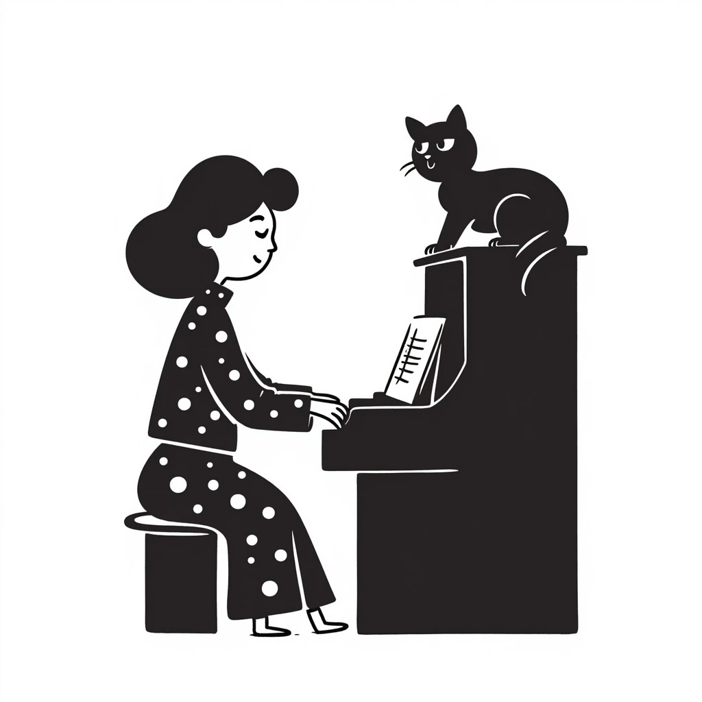 woman playing piano while her cat sits on top of the piano emoji
