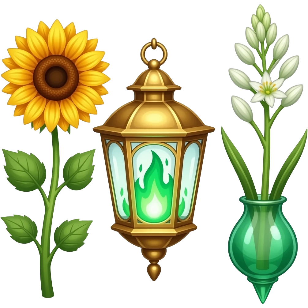 A golden hanging lantern with a bright emerald flames, an empty loop on top, fae themed sunflower on the left and fully bloomed asphodel on the right as part of the lantern design, but simple focus more on the green flames, paint the glass more green, have its bottom point come to some sort of point emoji
