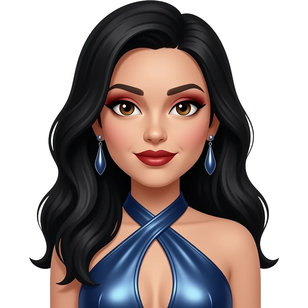 Monica Arnold with dark brown eyes, long black hair, dark red eyeshadow and lipstick, indigo metallic halter dress, earrings emoji