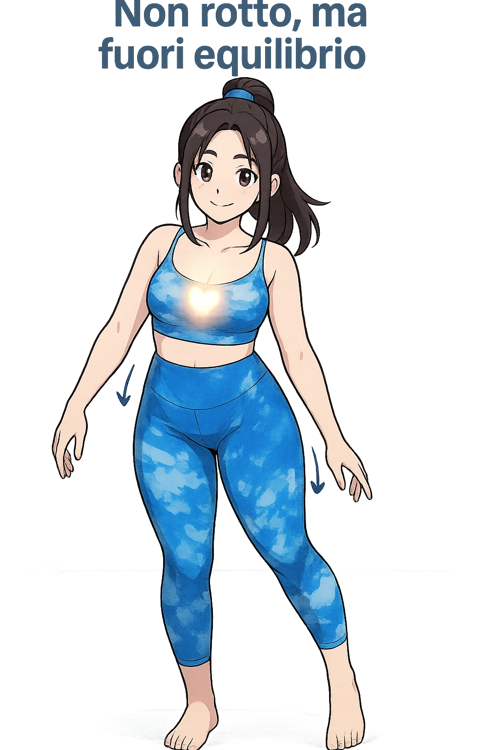 stile manga a woman stands in a relaxed pose, with a gentle, confident expression. Her body is shown with subtle, curved lines or arrows indicating areas of imbalance (such as a slight tilt in the shoulders or hips), but no signs of injury or damage. A soft glow or heart symbol at her core emphasizes resilience and the message “Non rotto, ma fuori equilibrio” The background is clean and clinical, with light blue tones. emoji