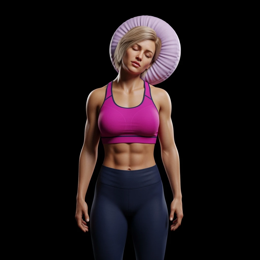 DONNA FITNESS IN PIEDI CON CUSCINO DIETRO LA TESTA MENTRE PROVA A DORMIRE, IPERREALISTICA 4K, SENZA SFONDO emoji