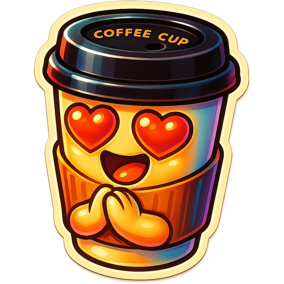 Ink wash style, coffee cup creature, big heart eyes, dopey smile emoji