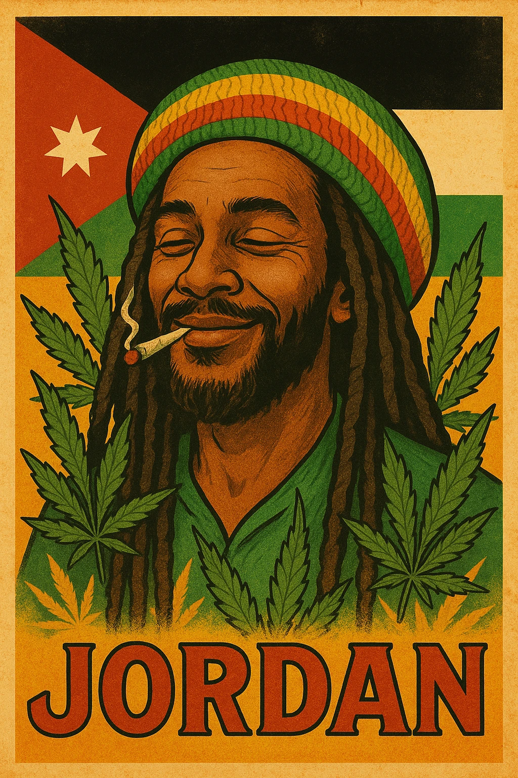 A digital vintage-style poster illustration of a Jordanian Rasta man with dreadlocks, wearing a red, yellow, green striped tam hat. He is smiling peacefully with a lit herbal spliff in his mouth. The background features the official Jordan flag — black, white, green horizontal stripes with a red triangle and a white 7-point star — accurately displayed behind him. Cannabis leaves are tastefully arranged around the composition, and the poster includes Rasta color textures blended with the Jordanian palette. Use a retro poster style with warm, slightly aged textures, bold outlines, and soft shading to evoke a soulful reggae vibe that honors both Jordanian pride and Rasta spirit. The mood is chill, powerful, and respectful emoji
