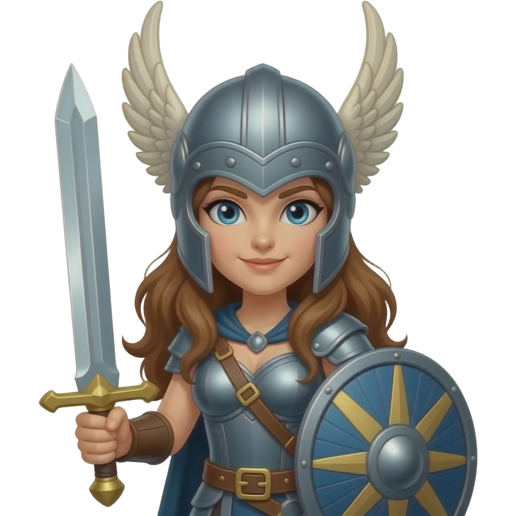valkiria - Casco alado, espada, escudo pelo largo  café emoji