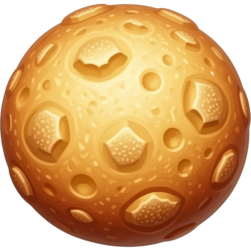 Emoji-style illustration, small irregular golden-brown cheese bread ball, slightly uneven rounded shape, rustic surface with small cracks and toasted cheese spots, not perfectly round, handmade appearance, smooth cartoon style, bold outline, transparent background. emoji