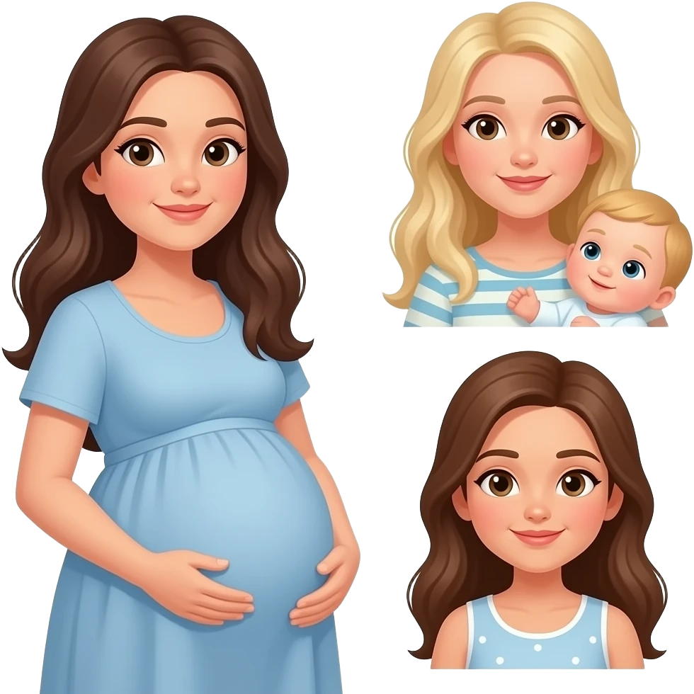 5 Caucasian women with long hair: 1 brunette whose pregnant, 1 dirty blonde tall, 1 blonde with baby in arms, 1 blonde small, 1 brunette emoji
