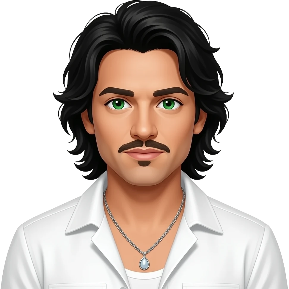 Kevin Richardson from Backstreet Boys with green eyes, long black hair and thin mustache, white pop outfit, necklace emoji