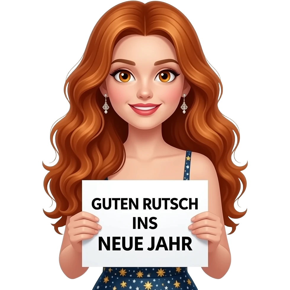 sexy girl with long wavy ginger hair and ginger eyes wearing a new years eve dress is holding a white colored sign with GUTEN RUTSCH INS NEUE JAHR written on it emoji