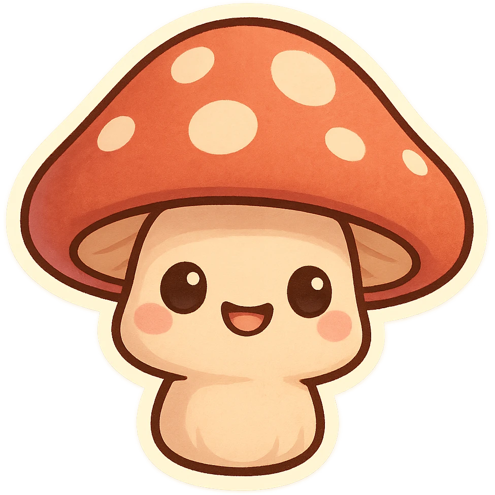 chibi sticker-style mushroom with a smiling face, cute and exaggerated emoji