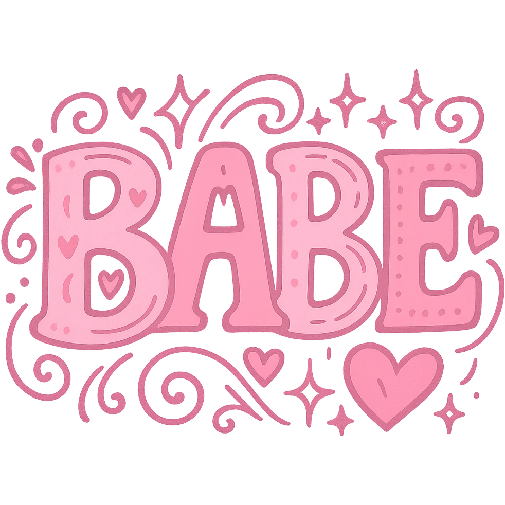 the word 'babe' in a creative pink-themed style, no background emoji