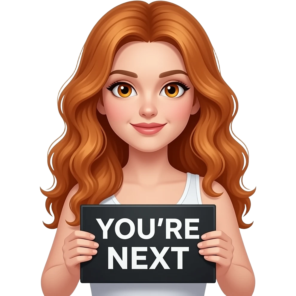 sexy girl with long wavy ginger hair and ginger eyes wearing a white tanktop is holding a black colored sign with YOU'RE NEXT written on it emoji