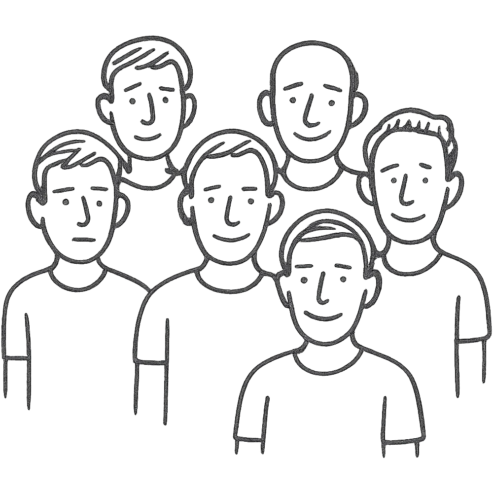 group of 6 men, white skin tone, white shirts, hand-drawn style emoji
