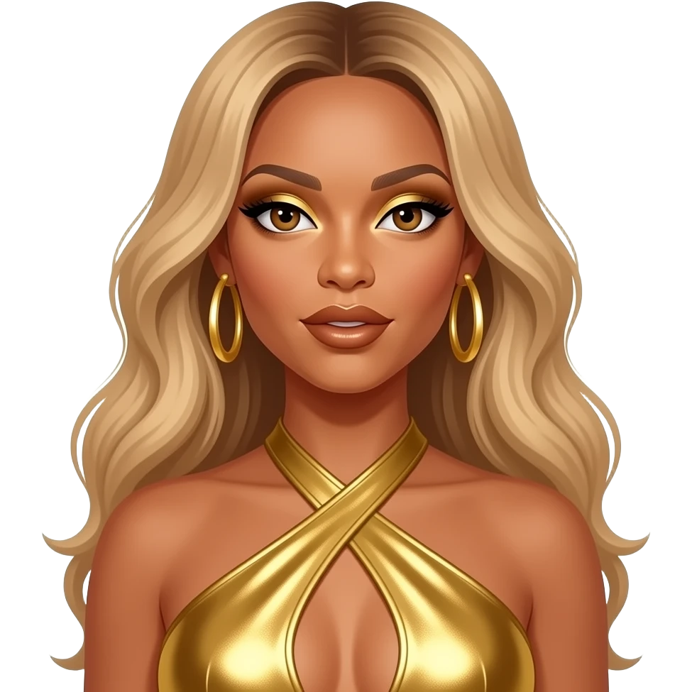 Beyonce from Destiny's Child with hazel eyes, long strawberry blonde hair, gold eyeshadow, bronze lipstick, gold metallic halter dress, gold earrings emoji